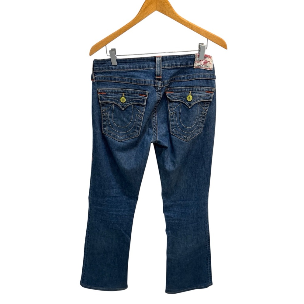 True Religion Becky Big T Bootcut Flap Jeans Women Sz 30 Distressed+Stretch L28
